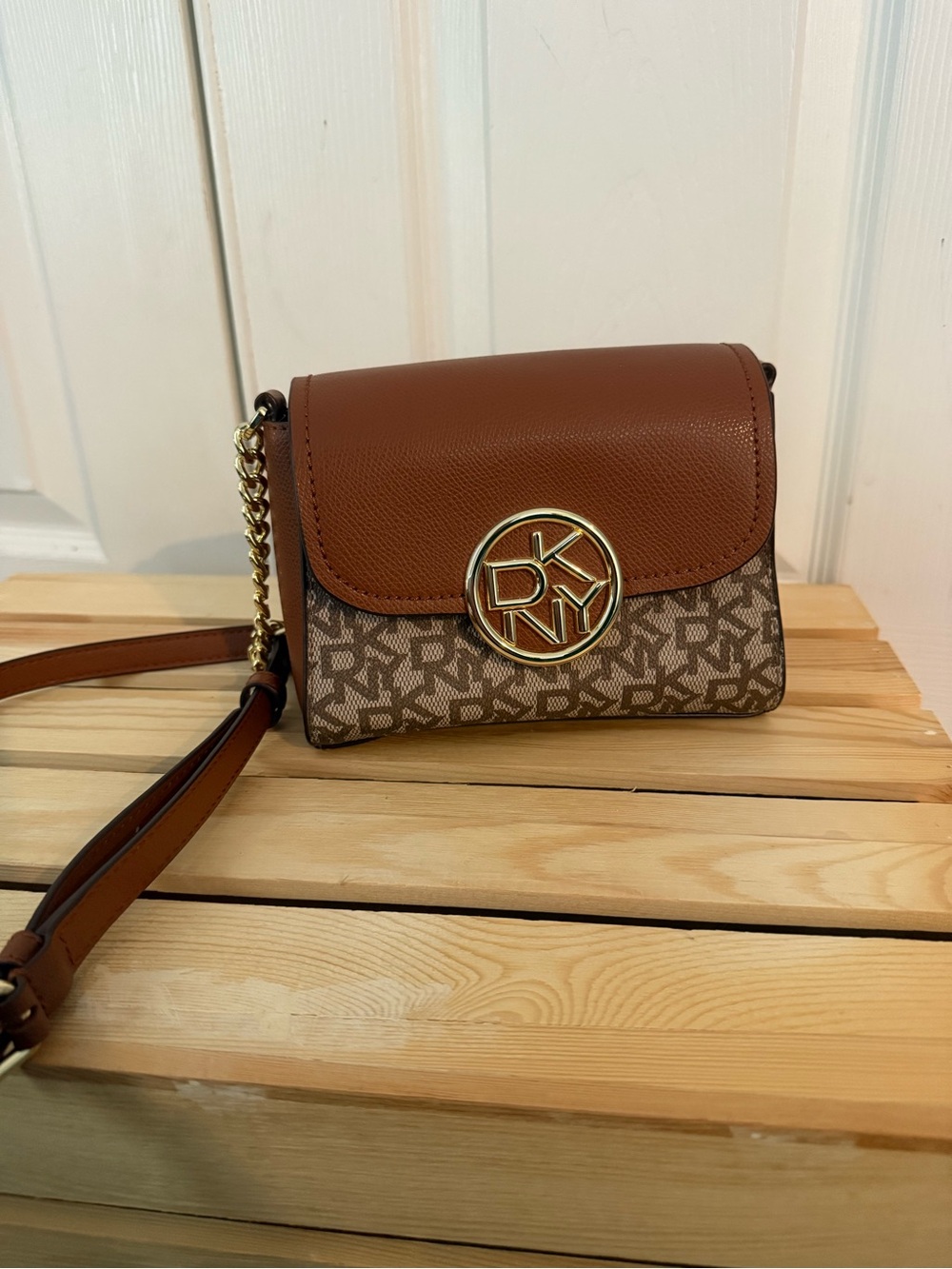 DKNY Tan and Brown Logo Crossbody with Gold Accent